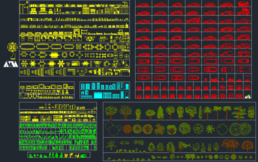 Bloques AutoCAD completos con colección de elementos como autos, personas, árboles, mobiliario y detalles arquitectónicos para proyectos profesionales.