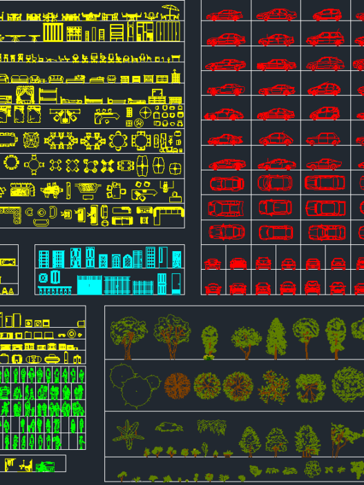 Bloques AutoCAD completos con colección de elementos como autos, personas, árboles, mobiliario y detalles arquitectónicos para proyectos profesionales.
