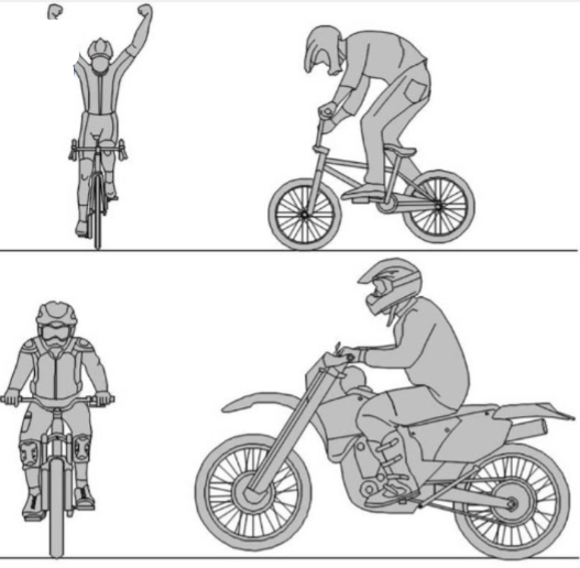 Bloques AutoCAD de ciclistas en diferentes posiciones y vistas con bicicletas para proyectos de arquitectura, movilidad urbana y diseño técnico.