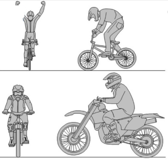 Bloques AutoCAD de ciclistas en diferentes posiciones y vistas con bicicletas para proyectos de arquitectura, movilidad urbana y diseño técnico.