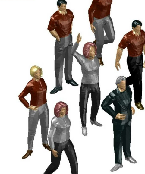 Bloques AutoCAD de personas en diferentes posiciones y actividades, incluyendo figuras humanas en 2D y 3D para proyectos de arquitectura.