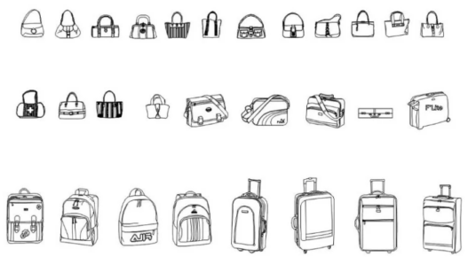 Bloque AutoCAD de bolsos, mochilas y maletas para proyectos de tiendas de moda, retail y diseño de espacios comerciales.