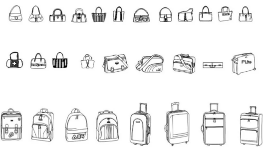 Bloque AutoCAD de bolsos, mochilas y maletas para proyectos de tiendas de moda, retail y diseño de espacios comerciales.