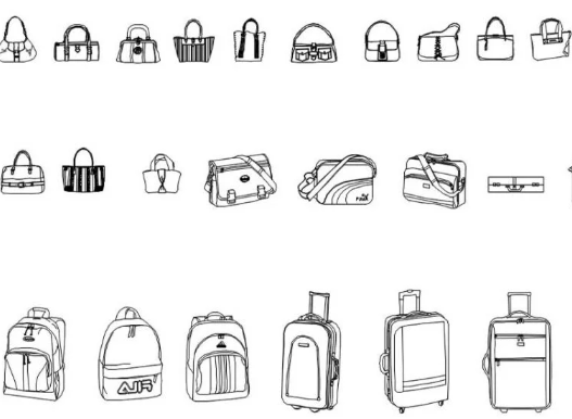 Bloque AutoCAD de bolsos, mochilas y maletas para proyectos de tiendas de moda, retail y diseño de espacios comerciales.