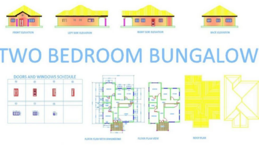 Bloques AutoCAD de bungalow con planos arquitectónicos, distribución de espacios y diseño residencial para proyectos de vivienda.