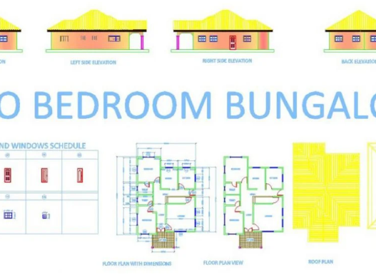 Bloques AutoCAD de bungalow con planos arquitectónicos, distribución de espacios y diseño residencial para proyectos de vivienda.