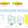 Bloques AutoCAD de bungalow con planos arquitectónicos, distribución de espacios y diseño residencial para proyectos de vivienda.