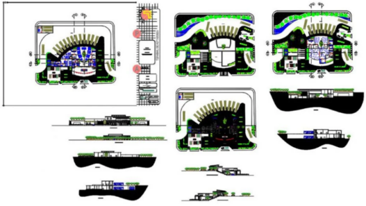 Bloques AutoCAD de terminal de buses con planos arquitectónicos, distribución de andenes y áreas de servicio para proyectos de transporte.