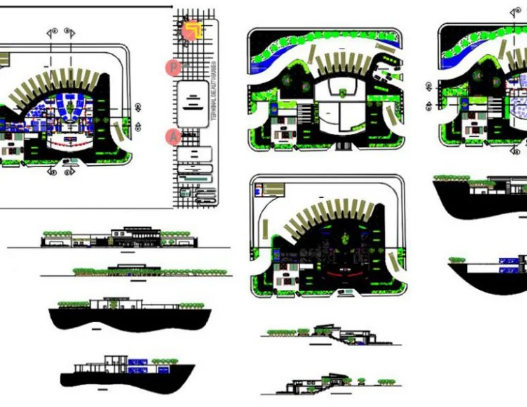 Bloques AutoCAD de terminal de buses con planos arquitectónicos, distribución de andenes y áreas de servicio para proyectos de transporte.