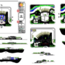 Bloques AutoCAD de terminal de buses con planos arquitectónicos, distribución de andenes y áreas de servicio para proyectos de transporte.