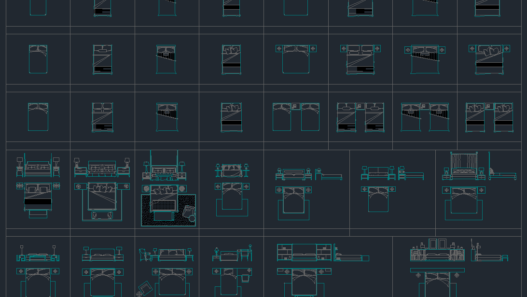 Bloques AutoCAD de camas de dormitorio con vistas en planta y alzado, incluyendo diferentes tamaños y estilos para proyectos de arquitectura y diseño interior.