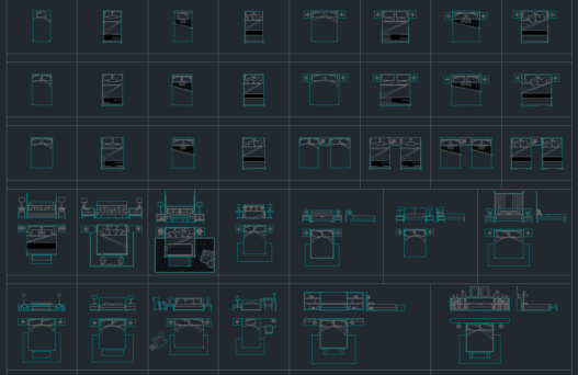 Bloques AutoCAD de camas de dormitorio con vistas en planta y alzado, incluyendo diferentes tamaños y estilos para proyectos de arquitectura y diseño interior.