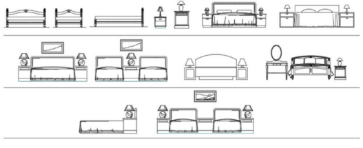 Bloques AutoCAD de camas con ropa de cama en vista en planta y elevación con detalles de sábanas, almohadas y cobijas para diseño de interiores.