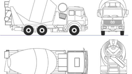 Bloques AutoCAD de camión hormigonera con vistas en planta, lateral y detalles técnicos para proyectos de ingeniería y construcción.