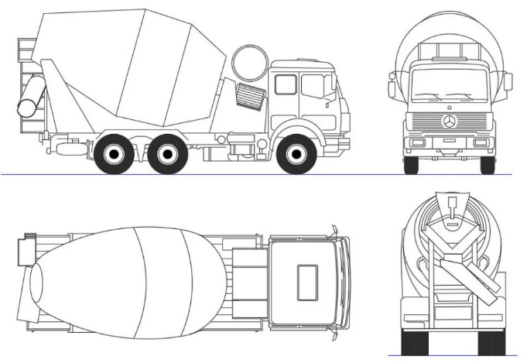 Bloques AutoCAD de camión hormigonera con vistas en planta, lateral y detalles técnicos para proyectos de ingeniería y construcción.