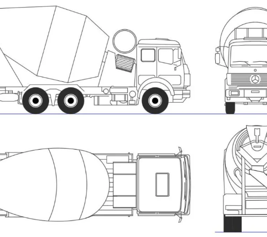 Bloques AutoCAD de camión hormigonera con vistas en planta, lateral y detalles técnicos para proyectos de ingeniería y construcción.
