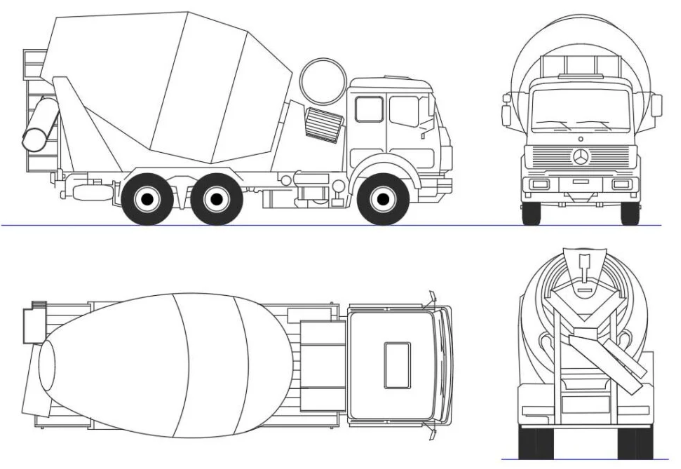 Bloques AutoCAD de camión hormigonera con vistas en planta, lateral y detalles técnicos para proyectos de ingeniería y construcción.