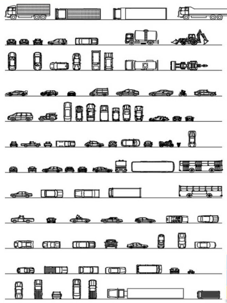 Bloques AutoCAD de camiones en planta con diferentes tipos de vehículos pesados para proyectos de arquitectura y planificación urbana.