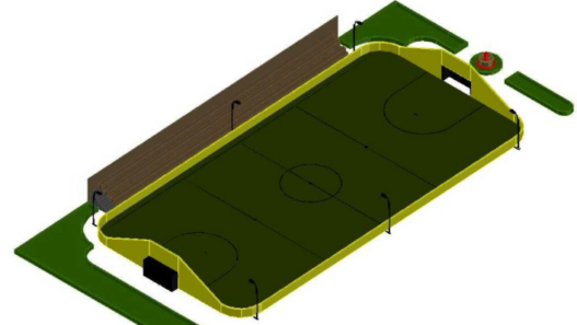 Modelo de campo de fútbol 3D en AutoCAD con líneas reglamentarias, porterías y dimensiones deportivas para proyectos arquitectónicos y deportivos.