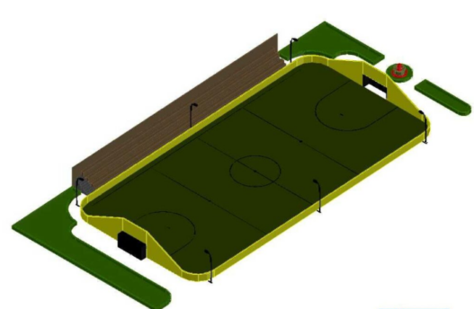 Modelo de campo de fútbol 3D en AutoCAD con líneas reglamentarias, porterías y dimensiones deportivas para proyectos arquitectónicos y deportivos.