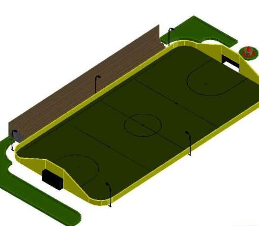 Modelo de campo de fútbol 3D en AutoCAD con líneas reglamentarias, porterías y dimensiones deportivas para proyectos arquitectónicos y deportivos.