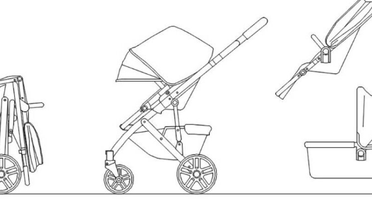 Bloques AutoCAD de cochecito de bebé con diferentes vistas y posiciones para proyectos de arquitectura, diseño de interiores y planificación de espacios familiares.