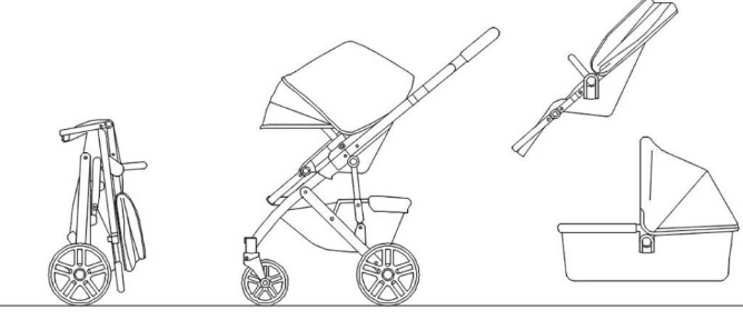 Bloques AutoCAD de cochecito de bebé con diferentes vistas y posiciones para proyectos de arquitectura, diseño de interiores y planificación de espacios familiares.