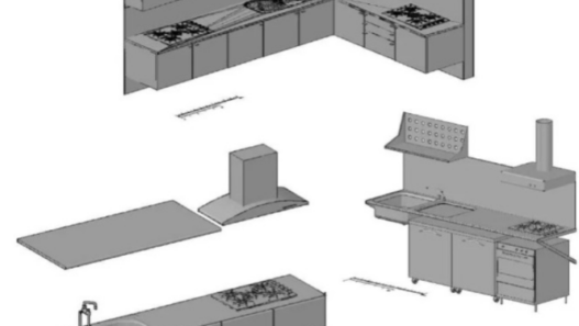 Bloques AutoCAD de cocinas modulares en 3D con muebles, encimeras, fregadero y electrodomésticos para proyectos de arquitectura y diseño de interiores.