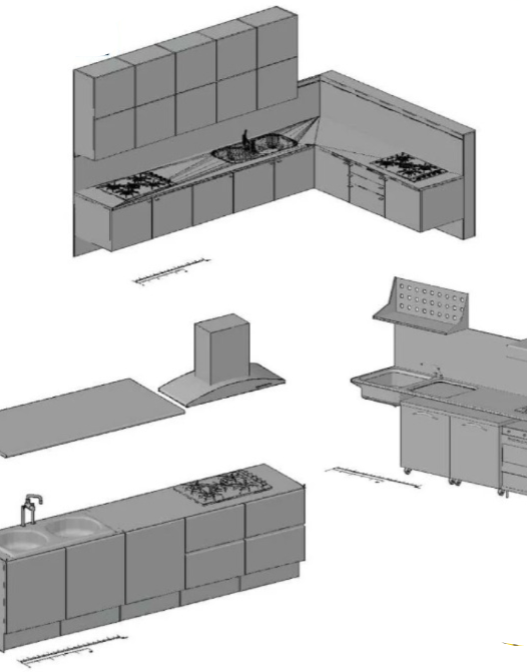 Bloques AutoCAD de cocinas modulares en 3D con muebles, encimeras, fregadero y electrodomésticos para proyectos de arquitectura y diseño de interiores.