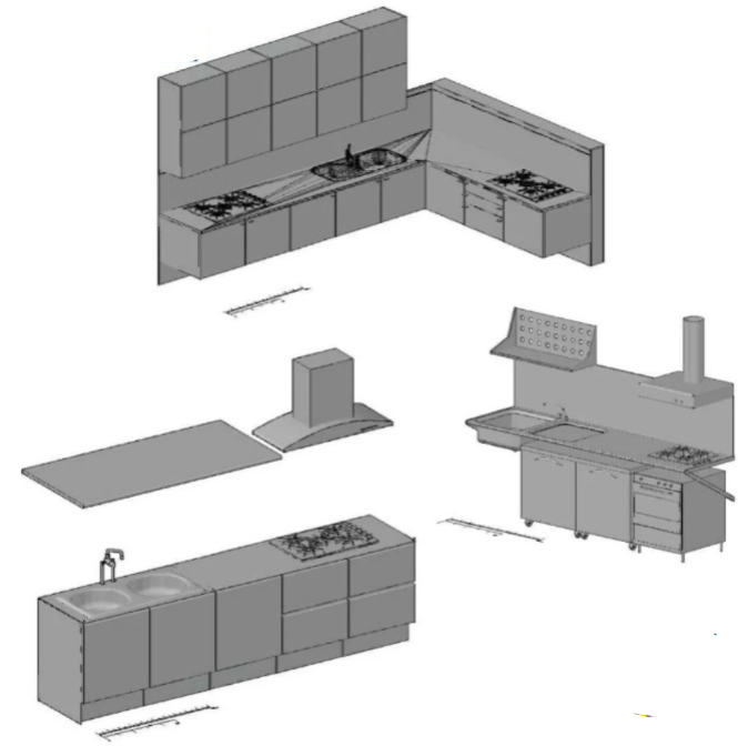 Bloques AutoCAD de cocinas modulares en 3D con muebles, encimeras, fregadero y electrodomésticos para proyectos de arquitectura y diseño de interiores.