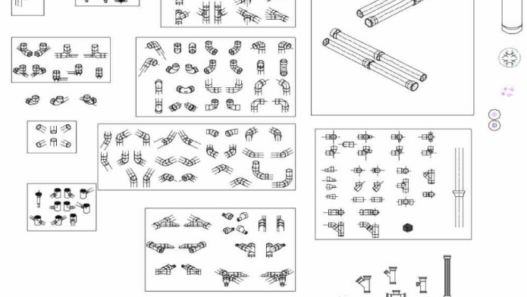 Bloques AutoCAD de componentes sanitarios con tuberías, conexiones, accesorios y detalles técnicos para instalaciones hidráulicas y sanitarias.