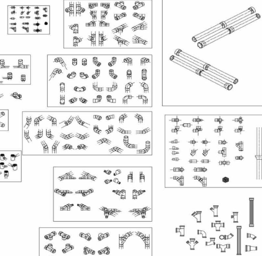 Bloques AutoCAD de componentes sanitarios con tuberías, conexiones, accesorios y detalles técnicos para instalaciones hidráulicas y sanitarias.
