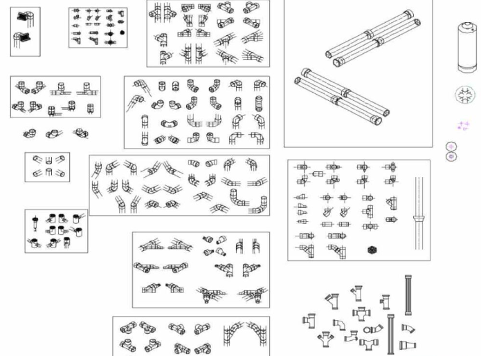 Bloques AutoCAD de componentes sanitarios con tuberías, conexiones, accesorios y detalles técnicos para instalaciones hidráulicas y sanitarias.