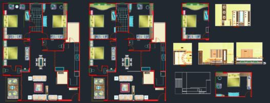 Bloques AutoCAD de detalle de diseño interior de dormitorio con mobiliario, distribución y elementos decorativos para proyectos de arquitectura.