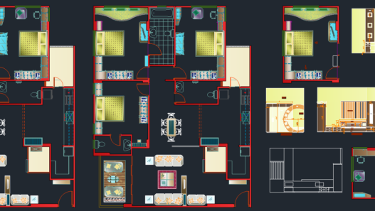 Bloques AutoCAD de detalle de diseño interior de dormitorio con mobiliario, distribución y elementos decorativos para proyectos de arquitectura.