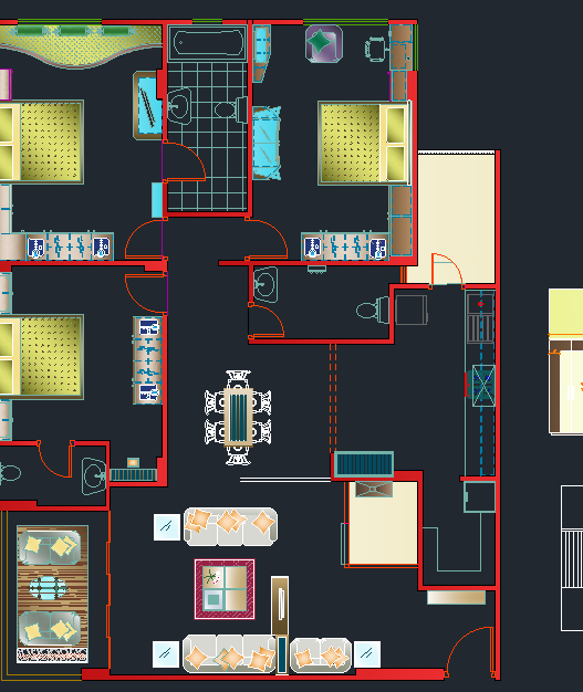 Bloques AutoCAD de detalle de diseño interior de dormitorio con mobiliario, distribución y elementos decorativos para proyectos de arquitectura.