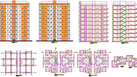 Bloques AutoCAD de edificio de apartamentos multifamiliar con planos, distribución de unidades y detalles constructivos para proyectos residenciales.