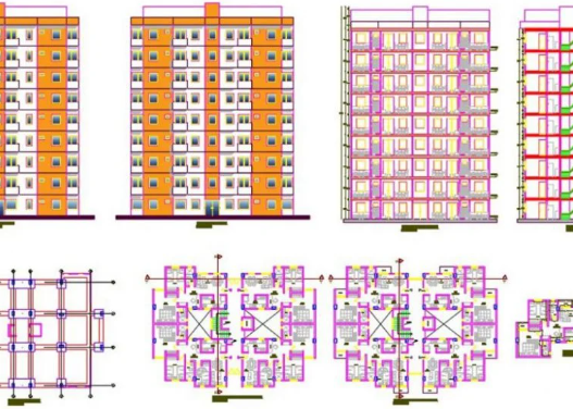 Bloques AutoCAD de edificio de apartamentos multifamiliar con planos, distribución de unidades y detalles constructivos para proyectos residenciales.
