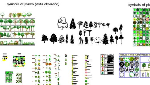 Bloques AutoCAD de árboles en elevación con diferentes especies, alturas y estilos para proyectos de paisajismo y arquitectura.