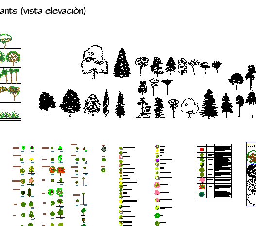 Bloques AutoCAD de árboles en elevación con diferentes especies, alturas y estilos para proyectos de paisajismo y arquitectura.