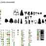 Bloques AutoCAD de árboles en elevación con diferentes especies, alturas y estilos para proyectos de paisajismo y arquitectura.