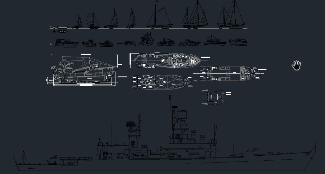 Plano AutoCAD de elevador de barcos con diferentes tipos de embarcaciones, veleros y barcos en vistas laterales y planta para proyectos de arquitectura naval.