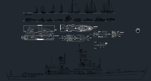 Plano AutoCAD de elevador de barcos con diferentes tipos de embarcaciones, veleros y barcos en vistas laterales y planta para proyectos de arquitectura naval.