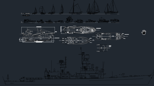 Plano AutoCAD de elevador de barcos con diferentes tipos de embarcaciones, veleros y barcos en vistas laterales y planta para proyectos de arquitectura naval.