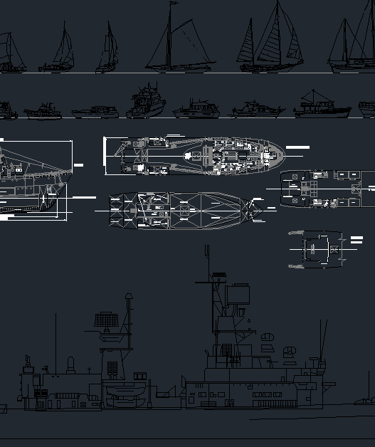 Plano AutoCAD de elevador de barcos con diferentes tipos de embarcaciones, veleros y barcos en vistas laterales y planta para proyectos de arquitectura naval.