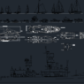 Plano AutoCAD de elevador de barcos con diferentes tipos de embarcaciones, veleros y barcos en vistas laterales y planta para proyectos de arquitectura naval.