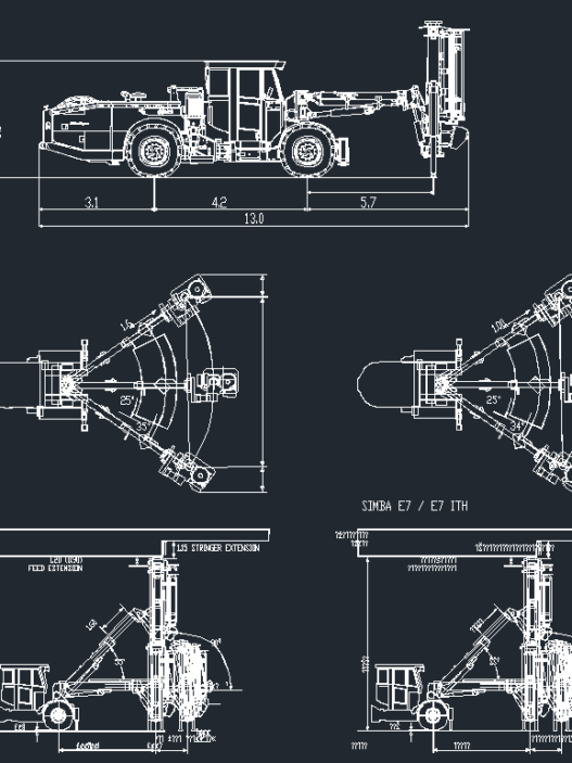 Bloques AutoCAD de equipos de minería con maquinaria pesada, camiones y herramientas industriales para proyectos de ingeniería y minería.