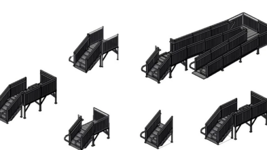 Bloques AutoCAD de escalera en 3D con estructura, peldaños y detalles constructivos para proyectos arquitectónicos.