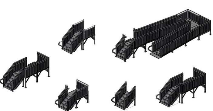 Bloques AutoCAD de escalera en 3D con estructura, peldaños y detalles constructivos para proyectos arquitectónicos.