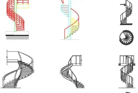 Bloques AutoCAD de escaleras de caracol con vistas en planta, alzado y detalles constructivos para proyectos arquitectónicos.